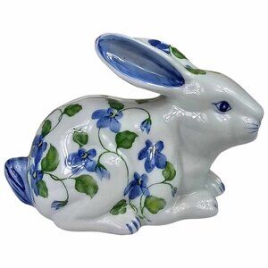 Andrea by Sadek Bunny Coin Bank Blue Floral Pattern Ceramic Like NEW